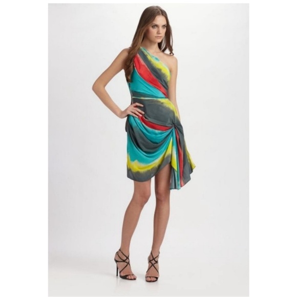 Alice + Olivia Colorful One Shoulder Tie
Dye Asymmetrical Silk Dress Size XS - Picture 2 of 16